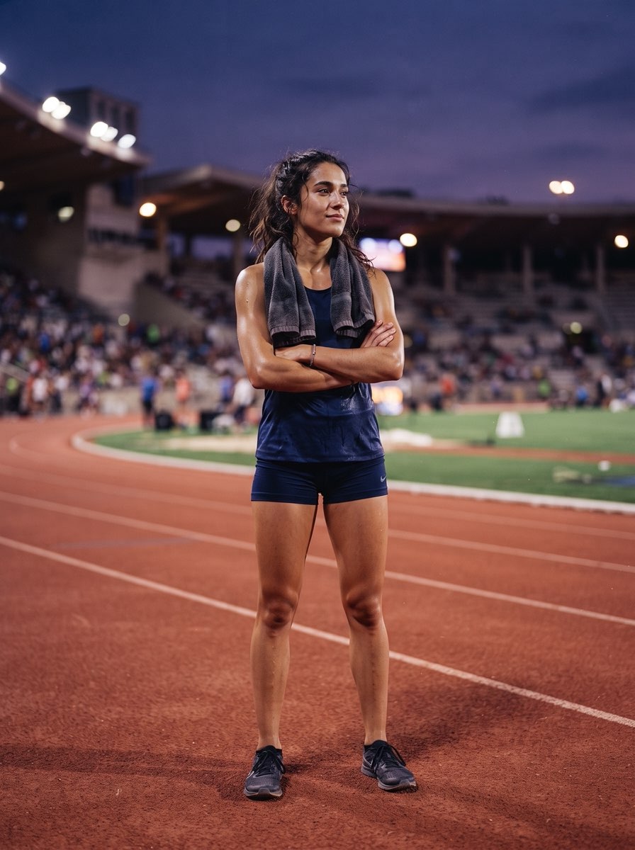 Athlete standing trackside at dusk