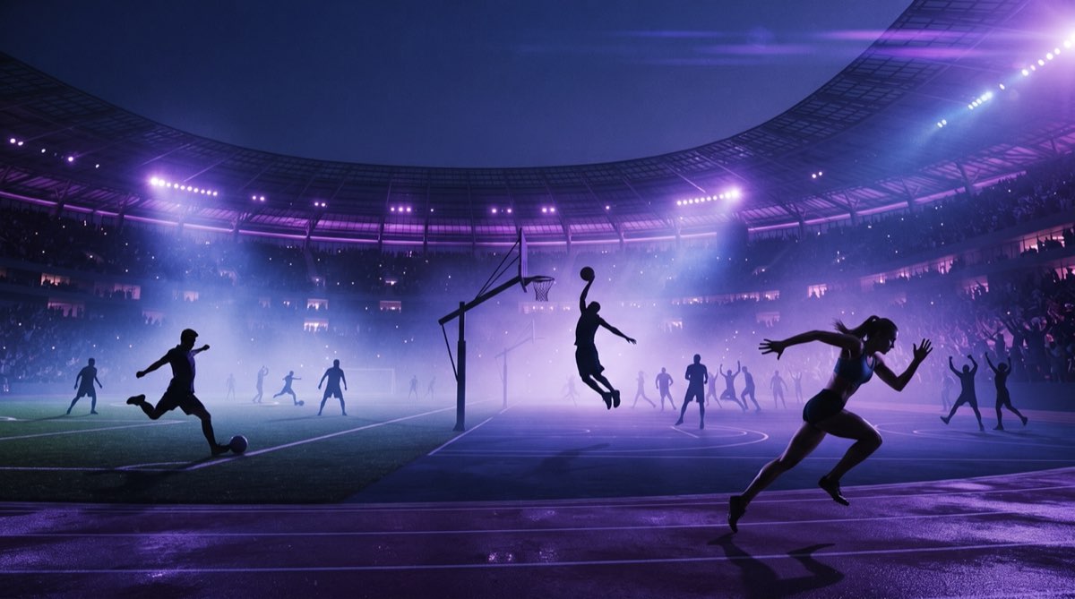 Athletes competing across multiple sports in a purple-lit stadium